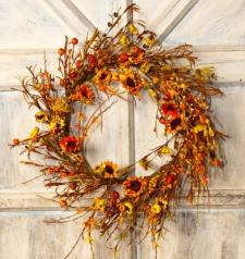 FALL WREATH WITH SUNFLOWERS, PUMPKINS, AND ORANGE BERRIES, 1