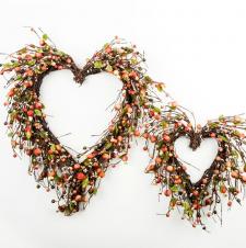 HEART SHAPED WREATH, SET OF TWO,  ON TWIG BASE WITH ROSE HIP