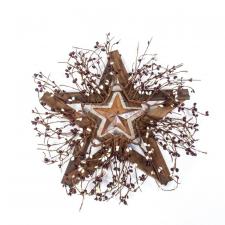BURLAP AND TIN STAR WITH BERRIES ON WOODEN STAR, 18 IN, BURG