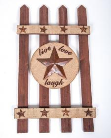 WOOD FENCE WITH BURLAP AND STARS, 21 IN H X 12 IN W