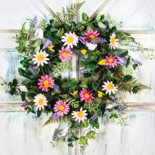 DAISY WITH MIXED FLOWER AND LEAVES WREATH ON A TWIG BASE, 10