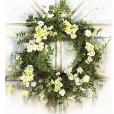 LIGHT YELLOW FLOWER WREATH WITH GREENERY ON A TWIG BASE, 10 