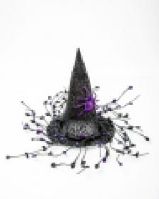 GLITTERED WITCH HAT W/PURPLE GLITTERED SPIDER AND MIXED BERR