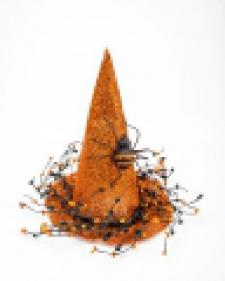 GLITTERED WITCH HAT W/ORANGE AND BLACK GLITTERED SPIDER AND 
