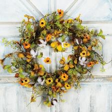 FALL WREATH WITH COTTON, FLOWERS & MIXED LEAVES ON A TWIG BA