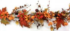 BURNT RED AND ORANGE DAISIES GARLAND W/PUMPKINS, MIXED LEAVE