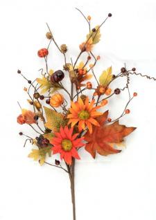 BURNT RED AND ORANGE DAISIES SPRAY W/PUMPKINS, MIXED LEAVES,