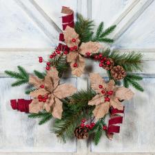 BURLAP POINSETTIA AND RIBBON CANDLE RING WITH RED BERRIES AN