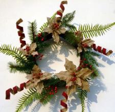 BURLAP POINSETTIA AND RIBBON WREATH WITH RED BERRIES AND GRE